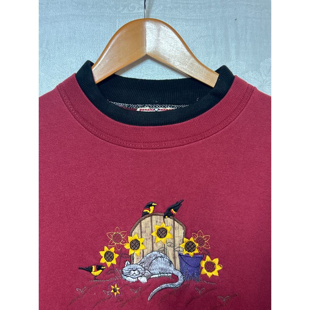 VTG Sweatshirt Med PETITE Red Embroidered Cat Sunflower Made in USA Top Stitch - Picture 5 of 9